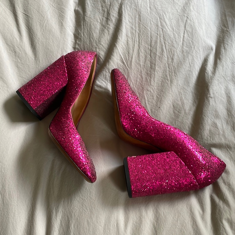 Dries Van Noten pink glitter block-heel pumps